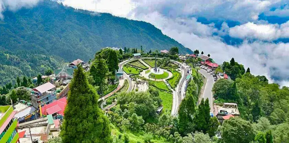 Panoramic view of the Batasia Loop and Himalayan railway track in Darjeeling.