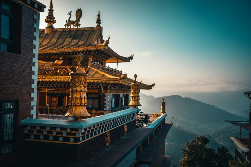 Scenic view of a Buddhist temple in the mountains of Bhutan.
