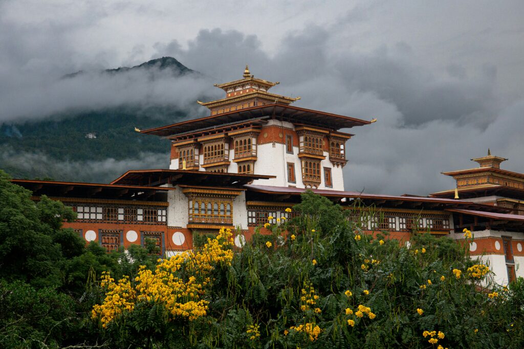 Buddhist monastery overlooking the mountains in Bhutan.